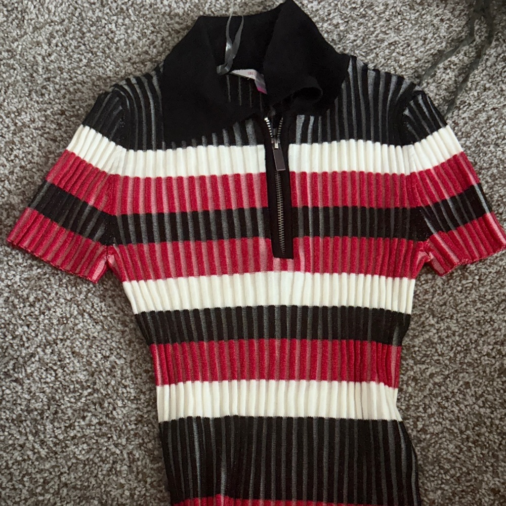 Striped Short Sleeve Top - Black, Red, White